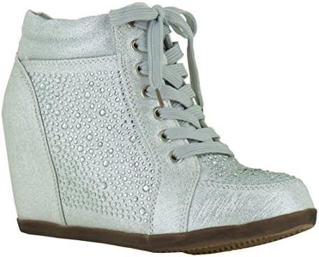 Your Party Shoes Womens Billie Jean Metallic Rhinestone Fashion Wedge Sneaker, Silver, 9 M US