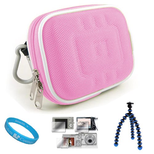 Nylon Pink Durable Camera Case for Olympus SZ-30MR Digital Camera + Universal Clear Screen Protector + Blue 6-inch Mini Tripod Stand with Flexible Grip Legs + SumacLife TM Wisdom Courage Wristband