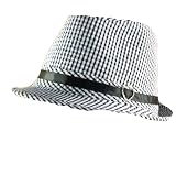 New Cotton Searsucker Plaid Belt Fedora Trilby Hat Black Small / Medium