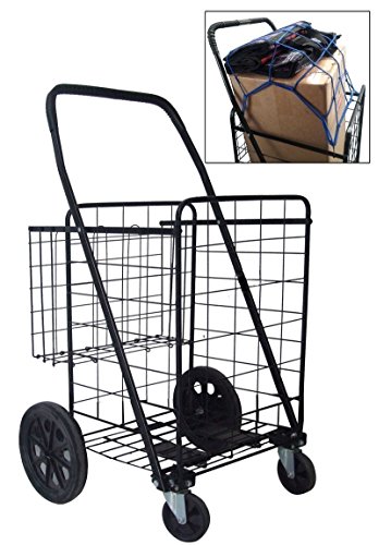 Premium Heavy Duty Metal Swivel Wheels JUMBO Folding Shopping Grocery laundry Cart with Extra Basket - BONUS: FREE CARGO NET