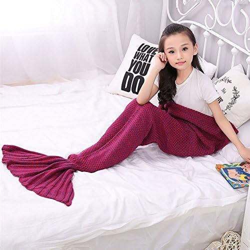 Cunada® Children Crocheted Mermaid Tail Blanket Sleeping Bag Rose Red