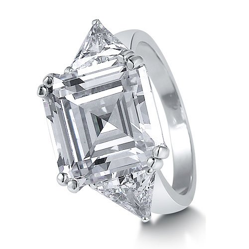 Sterling Silver Ring Asscher Cut Cubic Zirconia 3-Stone Ring 16 ct.tw - Nickel Free Valentine Engagement Ring