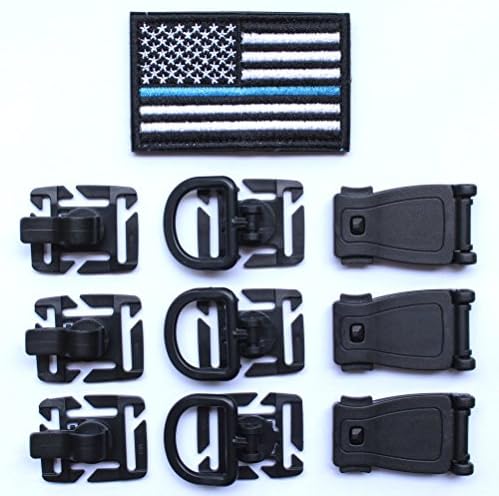 Tactical accessories bundle - US Flag Police law enforcement Thin Blue Line Velcro Patch &amp; 3 Rotation Base D-ring Clips &amp; 3 Hydration Water Tube pipe Clip holder &amp; 3 Buckles Strap Clip