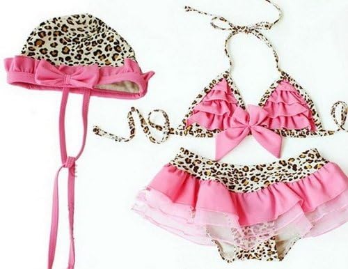 Girls Pink Leopard Lace Bikini Swimsuit with Cap (18M to 6T) (2-3T)