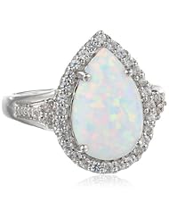 Sterling Silver Pear shape Created Opal Round Created White Sapphire Ring, Size 7