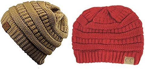 Black Thick Slouchy Knit Oversized Beanie Cap Hat (onesize, 2 Pack: Camel/Red)