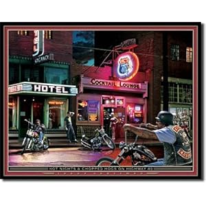 Hot Nights Cocktail Lounge Motorcyle Street Scene Retro Vintage Tin Sign Hot Nights Cocktail Lounge Motorcyle Street Scene Retro Vintage Tin Sign