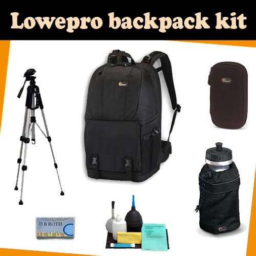 LowePro Backpack kit which includes the Lowepro Fastpack 350 (Black) + TR-60N Camera Tripod + DMC-Z wallet for memory card(s), batteries, Mini DV tapes and more + Lowepro Mesh Water Bottle Bag for 32oz. Size Bottles + Camera lens Cleaning kit + DB ROTH Micro Fiber Cloth.