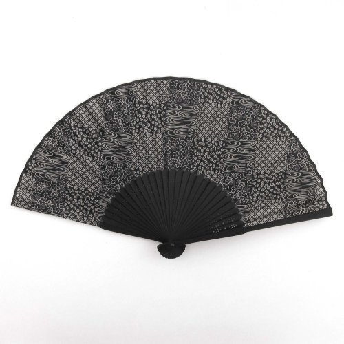 Japanese Silk Handheld Fan, Black with Swirls and Patterns HF205B