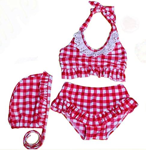 Kid's Grid 3 Piece Baby Girls Swimsuit Swimwaer (M (3-4 years old), Red)