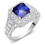Gorgeous 3.50 carats total weight Princess Cut Checker Board Created Blue Sapphire & White CZ Size 8 Gemstone Ring in Sterling Silver