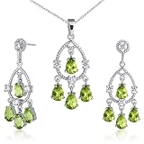 Celebrity Inspired 9.00 carats Pear Checkerboard Shape Peridot Pendant Earrings Set in Sterling Silver