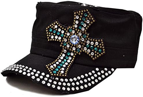 Double Cross Beads Multi Color Stone Fashion Bling Women's Fashion Cadet Cap Hat (Black)