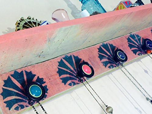 Pallet wood Necklace hanger Art Deco shells on bright coral /wall shelf /reclaimed wood jewelry holder 5 hand-painted knobs
