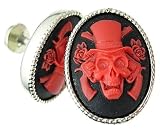 Red Skull Guns & Roses Top Hat Pewter Cameo Cufflinks w/Gift Box