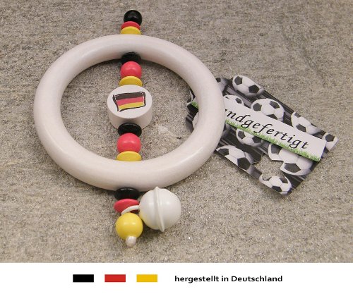Baby Greifling Rassel Beißring | Holz Lernspielzeug als Geschenk zur Geburt & Taufe | Motiv Fussball Deutschland Flagge – schwarz, rot, gold