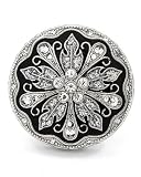 Silvertone with Black Epoxy Flower Design Stretch Ring Fashion Jewelry