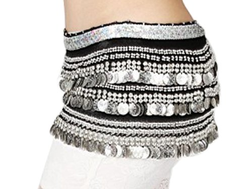 Silver Coin Design, Beautiful Hip Scarf for Belly Dance/Black