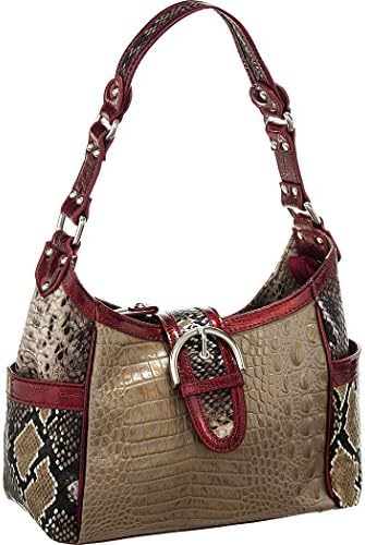 Taupe & Red Marc Chantal ''Amanda'' Croco & Python Embossed Leather Hobo
