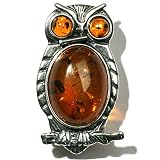 Certified Genuine Honey Amber and Sterling Silver Owl Pin