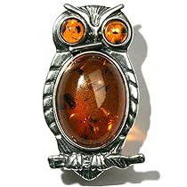 Certified Genuine Honey Amber and Sterling Silver Owl Pin