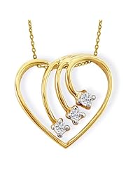 Three Diamond Spray Heart In Solid Yellow Gold, Free 18 Inch Gold Chain