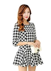 Long Sleeves Spring Houndstooth Print Cotton/Wool Mini Dress 