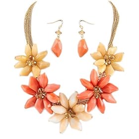 Goldtone Multi Colore Acrylic Flower Necklace and Earrings Set: Jewelry