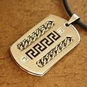 J1093 Strong and Distinctive: Designer Inspired Stainless Steel Hinge Dog Tag Men's Pendant Ancient Symbols with Cz Diamond Necklace for Men Chain on a Rubber Cord Gift Box