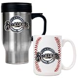 Milwaukee Brewers MLB Stainless Steel Travel Mug & Gameball Ceramic Mug Set - Primary Logo