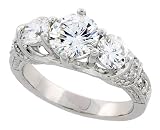 Sterling Silver & Rhodium Plated Engagement Ring, 3/8 (9mm) wide, w/ two 5mm (.5 ct) and one 7mm (1.25 ct) Cubic Zirconia Stones
