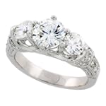 Sterling Silver Vintage Style 3-Stone Engagement Ring w/ Rhodium Plating, w/ two 5mm (.50 Carat each) & one 7mm (1.25 Carats) Brilliant Cut CZ Stones, 3/8" (9mm) wide