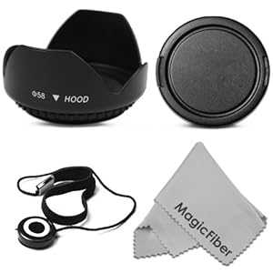 58MM Tulip Flower Lens Hood + Snap-On Lens Cap + Cap Keeper Leash + MagicFiber Microfiber Lens Cleaning Cloth