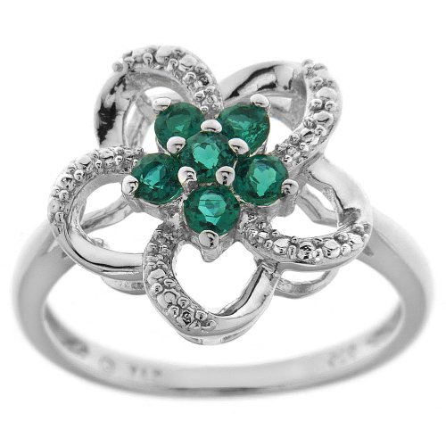 Sterling Silver Lab Created Emerald and Cubic Zirconia Flower Ring, Size 7