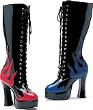 Fire Black Platform Lace Up Knee Boots With Red Flames High Heel Shoes