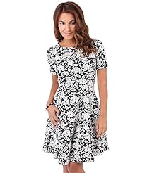 Flared-Skirt Cotton/Spandex/Viscose Bateau Neck Floral Print Short Sleeves Fitted Vintage Skater Dress/Mini Dress 