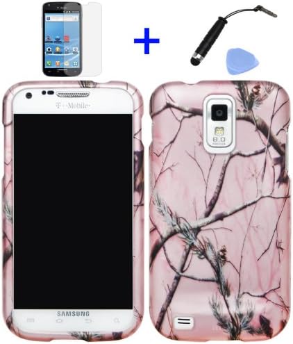 4 items Combo: ITUFFY (TM) LCD Screen Protector Film + Mini Stylus Pen + Case Opener + Silver Pink Pine Tree Leaves Camouflage Outdoor Wildlife Design Rubberized Snap on Hard Shell Cover Faceplate Skin Phone Case for Samsung Galaxy S2 / II/ SII / T989 (Compatible with T-Mobile Samsung Galaxy S2 only)