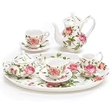 IMAGE OF Mini Saddlebrooke Tea Set Flowers Porcelain Teacup Teapot Saucers Tray Pink Roses Sugar Creamer