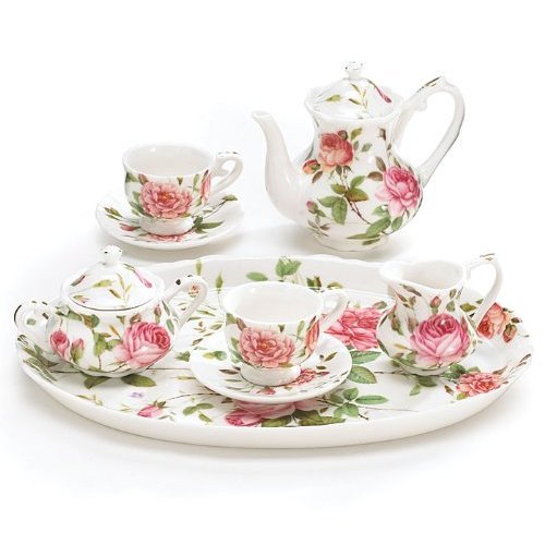 Mini Saddlebrooke Tea Set Flowers Porcelain Teacup Teapot Saucers Tray Pink Roses Sugar Creamer