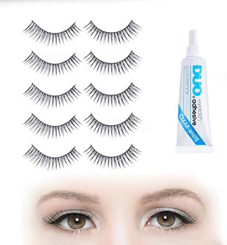Quick and Simple False Eyelash - 5 Pair Set with DUO Clear Lash Glue | Strip Falsies for Fabulously Full and Flattery Eye Completely Wearable. Lightweight &amp; comfortable to wear
