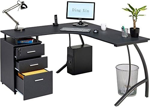 Space saving Black top L-Shaped big pedestal corner computer table w 3 lockable suspension file drawers