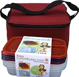Easylunchboxes Kit  3 Compartment Lunch Box, Single Lid, Pack Of Four With Insulated Cooler Bag Red