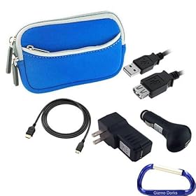 Gizmo Dorks Neoprene Zipper Sleeve (Blue with Gray Trim), HDMI Cable, and Charging Bundle with Carabiner Key Chain for the Sony Bloggie Live HD Camera