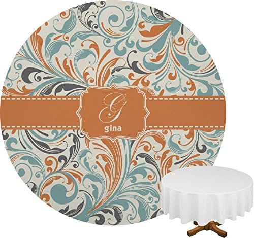 Orange & Blue Leafy Swirls Round Table Cloth (70")