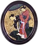 Oriental Oval Lacquered Painting Wall Art Plaque Japanese Geishaes