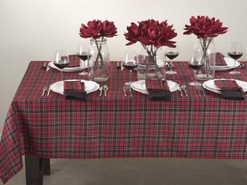 Classic Plaid Design Tablecloth, 72-inch Square, Red and Black Colors, One Piece