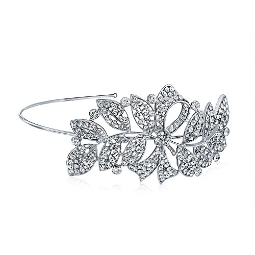 Bling Jewelry Crystal Rhinestone Ribbon Leaf Bridal Headband Silver Plated