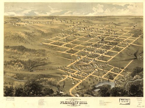 Bird's eye view of the city of Pleasant Hill, Cass Co., Missouri 1869. Drawn by A. Ruger., large historic panoramic map reprint 48x36