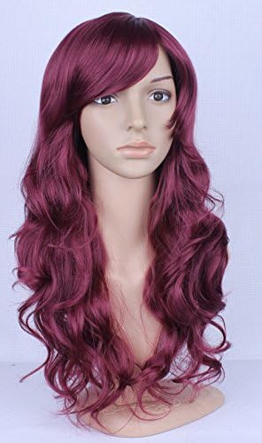 Simpleyourstyle Light Brown Dark Brown Black Burgundy U Pick Long Heat Resistant Synthetic Curls Bang Full Wigs for Girl Women (Burgundy)