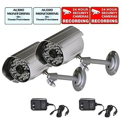 VideoSecu 2 Infrared Day Night Vision Security Cameras 36 IR LEDs Audio CCTV Bullet Cameras with Power Supplies and Security Warning Decals IR806ASK2 WG3